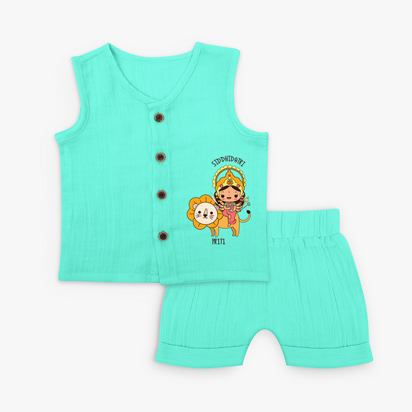 Celebrate This Navaratri With Goddess Siddhidatri - Customized Jabla Set For Kids - AQUA GREEN - 0 - 3 Months Old (Chest 9.8")