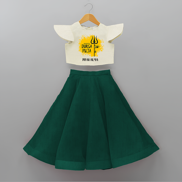 Happy Durga Puja Wishes - Customized Crop Top And Skirt For Kids - BOTTLE GREEN - 6 - 9 Months Old (Chest 20" , Frock Waist 20")