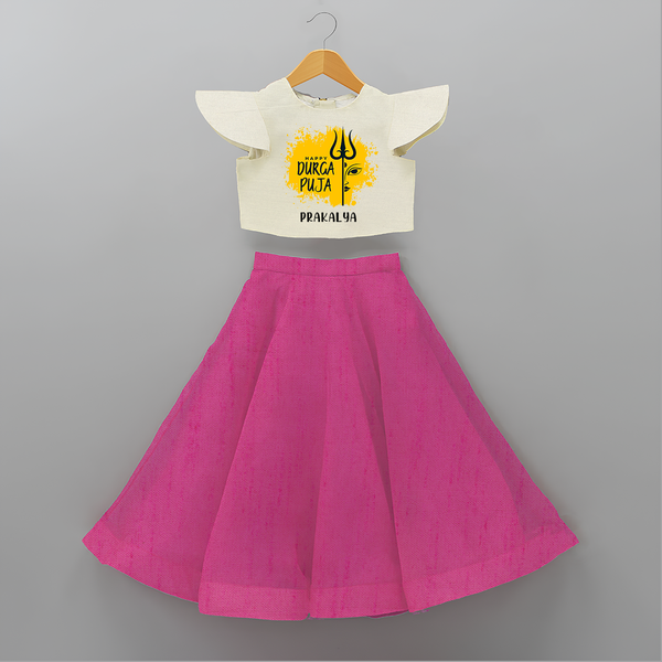 Happy Durga Puja Wishes - Customized Crop Top And Skirt For Kids - FUSCHIA - 6 - 9 Months Old (Chest 20" , Frock Waist 20")