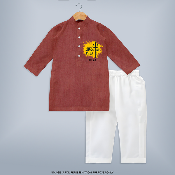 Happy Durga Puja Wishes - Customized Kurta Set For Kids - MAUVE - 3-6 Month Old (Chest 24", Kurta Length 14'', Waist 19", Pant Length 14")