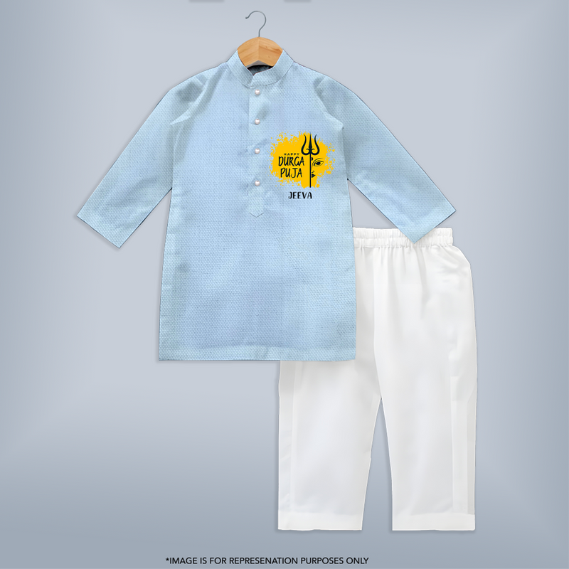 Happy Durga Puja Wishes - Customized Kurta Set For Kids - SKY BLUE - 3-6 Month Old (Chest 24", Kurta Length 14'', Waist 19", Pant Length 14")