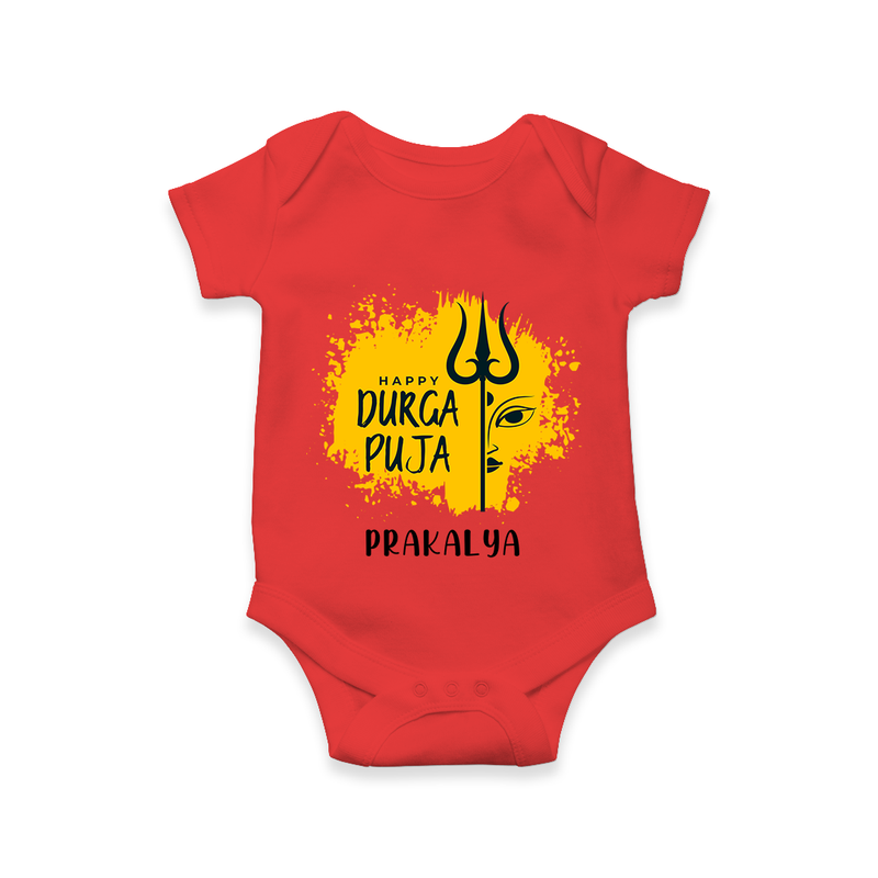 Happy Durga Puja Wishes - Customized Romper For Kids - RED - 0 - 3 Months Old (Chest 16")