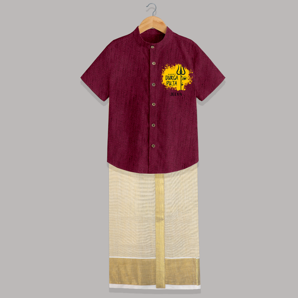 Happy Durga Puja Wishes - Customized Raw Silk Shirt And Dhoti For Kids - WINE - 0 - 6 Months Old (Chest-23") (Dhoti length-14")