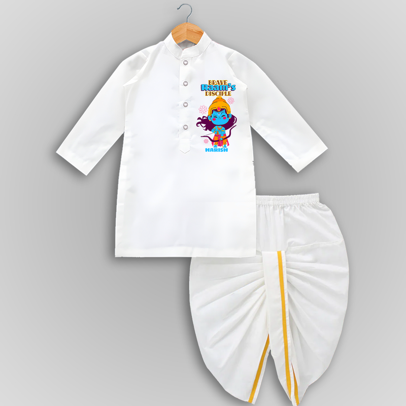 Brave Raam's Disciple - Customized Drapped Dhoti For Kids - WHITE - 0-6 Month Old (Chest 24", Kurta Length 14" , Waist 19", Dhoti Length 14")