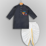 Little Hero Of Dussehra - Customized Drapped Dhoti For Kids - DARK GREY - 0-6 Month Old (Chest 24", Kurta Length 14" , Waist 19", Dhoti Length 14")