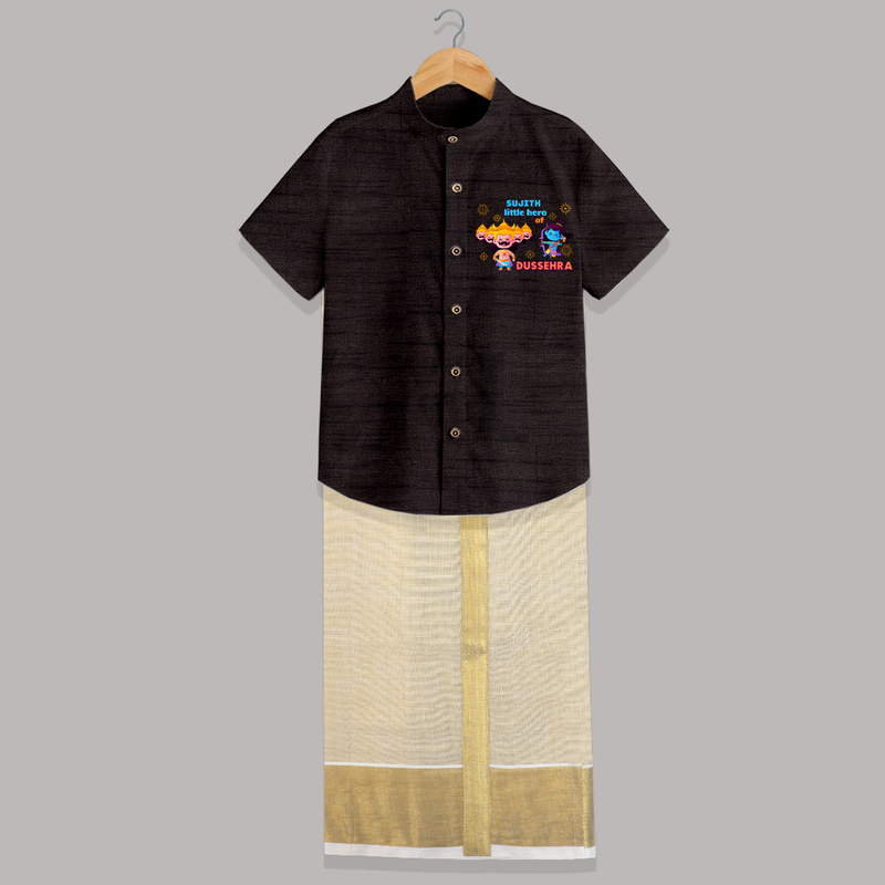 Little Hero Of Dussehra - Customized Raw Silk Shirt And Dhoti For Kids - COFFEE - 0 - 6 Months Old (Chest-23") (Dhoti length-14")