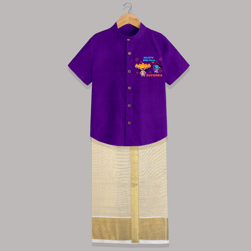 Little Hero Of Dussehra - Customized Raw Silk Shirt And Dhoti For Kids - PURPLE LUXE - 0 - 6 Months Old (Chest-23") (Dhoti length-14")