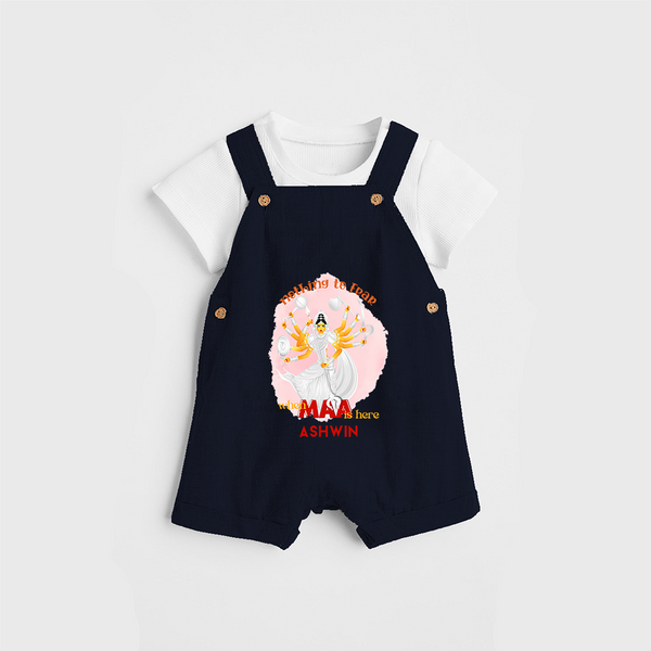 Nothing To Fear When Maa Is Here - Customized Dungaree Set For kids - NAVY BLUE - 0 - 5 Months Old (Chest 18")