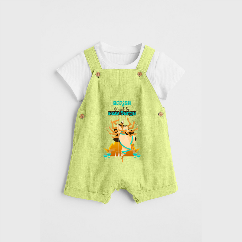 Blessed By Maa Durga - Customized Dungaree Set For kids - PASTEL GREEN - 0 - 5 Months Old (Chest 18")