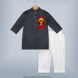 Shubh Navaratri - Customized Kurta Set For kids - DARK GREY - 3-6 Month Old (Chest 24", Kurta Length 14'', Waist 19", Pant Length 14")