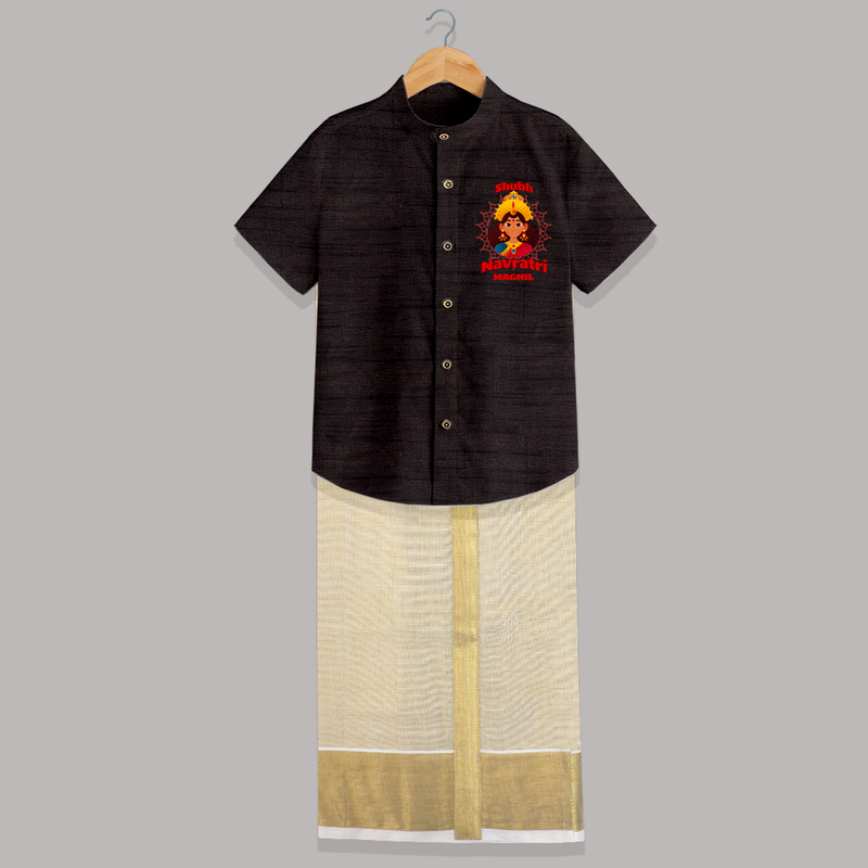 Shubh Navaratri - Customized Raw Silk Shirt And Dhoti For kids - COFFEE - 0 - 6 Months Old (Chest-23") (Dhoti length-14")