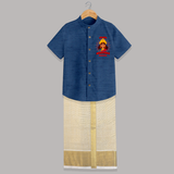 Shubh Navaratri - Customized Raw Silk Shirt And Dhoti For kids - DEEP BLUE - 0 - 6 Months Old (Chest-23") (Dhoti length-14")