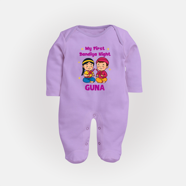 My First Dandiya Night Sleep suit/full sleeve body suit | Personalized Baby Sleep suit/full sleeve body suit for Navratri - LILAC - New Born (Chest 7.5")