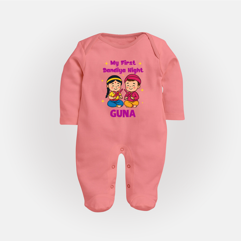 My First Dandiya Night Sleep suit/full sleeve body suit | Personalized Baby Sleep suit/full sleeve body suit for Navratri - PEACH - New Born (Chest 7.5")