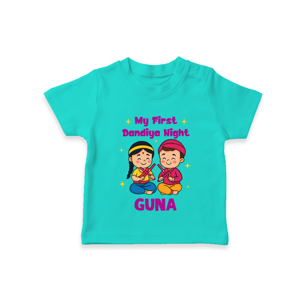 My First Dandiya Night T-shirt | Personalized Baby T-shirt for Navratri - TEAL - 0-5 Months Old (Chest 17")