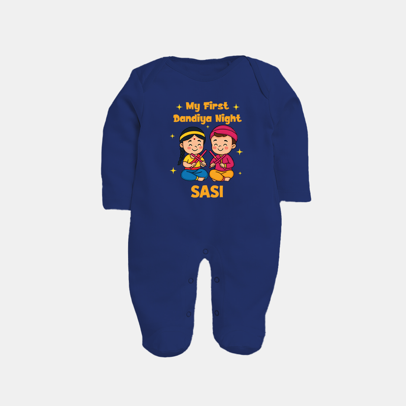 My First Dandiya Night Sleep suit/full sleeve body suit | Personalized Baby Sleep suit/full sleeve body suit for Navratri - NAVY BLUE - New Born (Chest 7.5")
