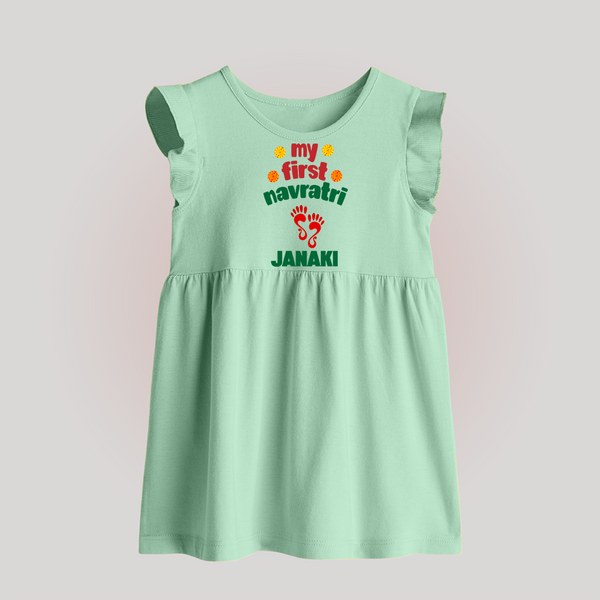 My First Navratri Footprint Personalized Baby Frock - MINT GREEN - 0 - 3 Months Old (Chest 17")