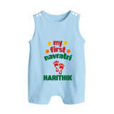 My First Navratri Footprint Personalized Button Romper - BABY BLUE - New Born (Chest 18")