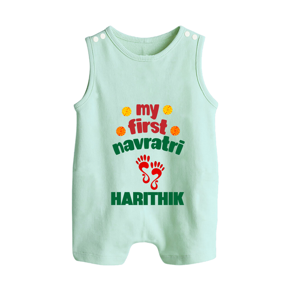 My First Navratri Footprint Personalized Button Romper - MINT GREEN - New Born (Chest 18")