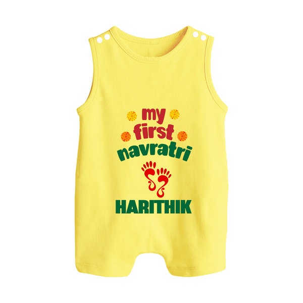 My First Navratri Footprint Personalized Button Romper - PASTEL YELLOW - New Born (Chest 18")