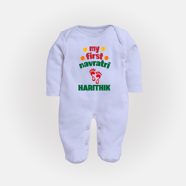 My First Navratri Footprint Personalized Full Body Suit - BABY BLUE - New Born (Chest 7.5")