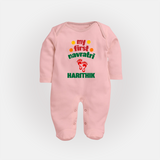 My First Navratri Footprint Personalized Full Body Suit - BABY PINK - New Born (Chest 7.5")