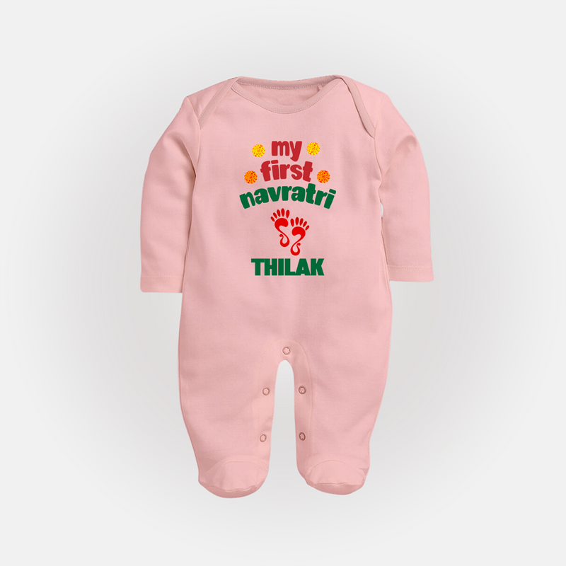 My First Navratri Sleep suit/full sleeve body suit | Custom Baby Sleep suit/full sleeve body suit for Festival Celebration - BABY PINK - New Born (Chest 7.5")