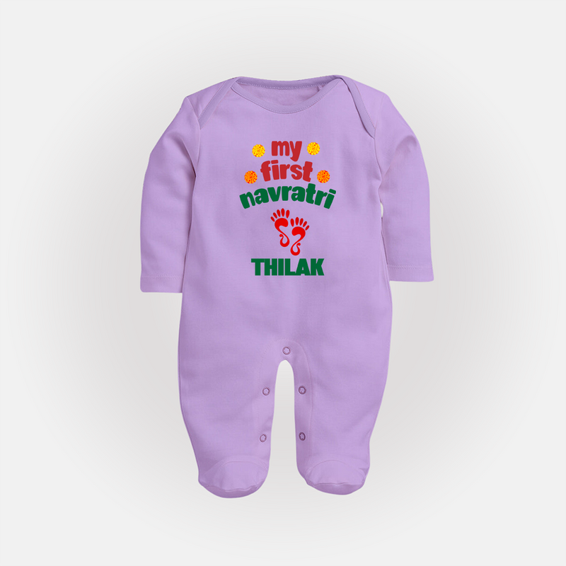 My First Navratri Sleep suit/full sleeve body suit | Custom Baby Sleep suit/full sleeve body suit for Festival Celebration - LILAC - New Born (Chest 7.5")