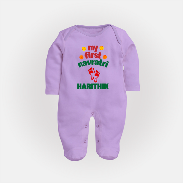 My First Navratri Footprint Personalized Full Body Suit - LILAC - New Born (Chest 7.5")