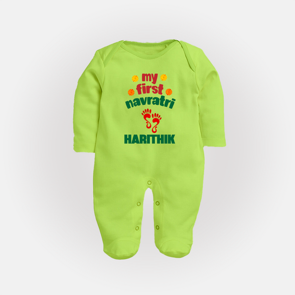 My First Navratri Footprint Personalized Full Body Suit - LIME GREEN - New Born (Chest 7.5")