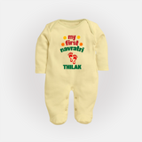 My First Navratri Sleep suit/full sleeve body suit | Custom Baby Sleep suit/full sleeve body suit for Festival Celebration - PASTEL YELLOW - New Born (Chest 7.5")