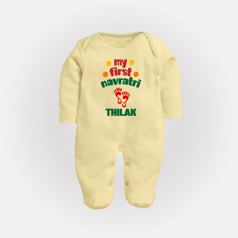 My First Navratri Sleep suit/full sleeve body suit | Custom Baby Sleep suit/full sleeve body suit for Festival Celebration - PASTEL YELLOW - New Born (Chest 7.5")