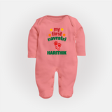 My First Navratri Footprint Personalized Full Body Suit - PEACH - New Born (Chest 7.5")