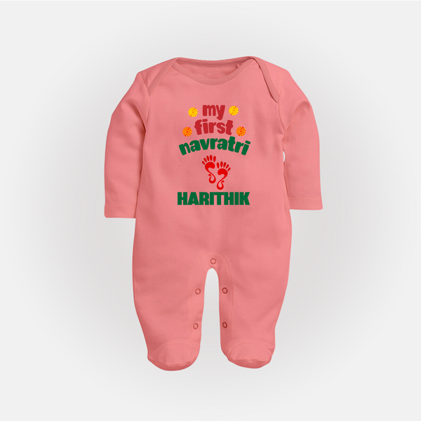My First Navratri Footprint Personalized Full Body Suit - PEACH - New Born (Chest 7.5")