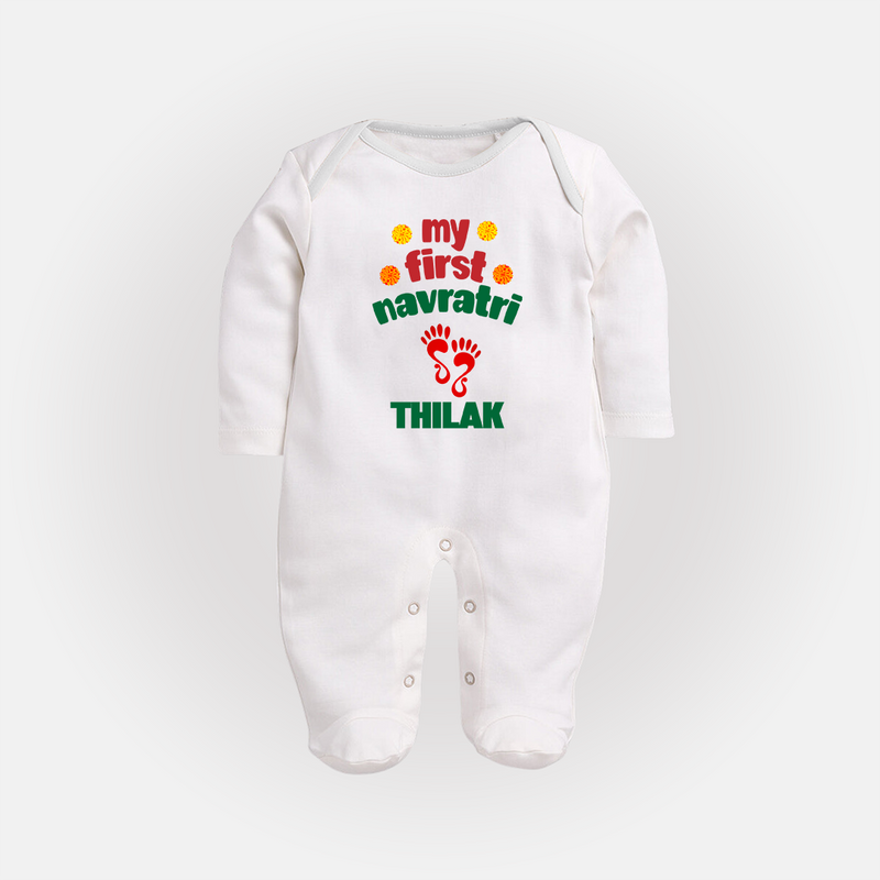 My First Navratri Sleep suit/full sleeve body suit | Custom Baby Sleep suit/full sleeve body suit for Festival Celebration - WHITE - New Born (Chest 7.5")