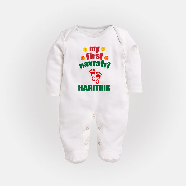 My First Navratri Footprint Personalized Full Body Suit - WHITE - New Born (Chest 7.5")