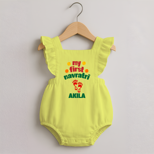 My First Navratri Romper frock | Custom Baby Romper frock for Festival Celebration - PASTEL YELLOW - 0 - 3 Months Old (Chest 19")