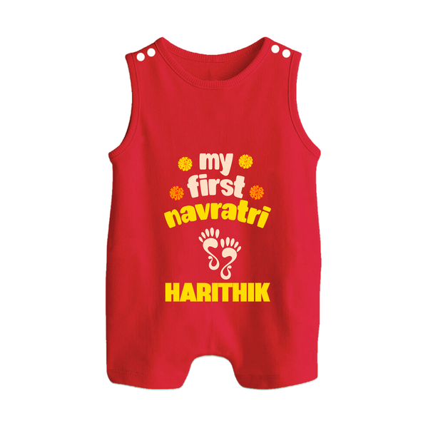 My First Navratri Footprint Personalized Button Romper - RED - New Born (Chest 18")