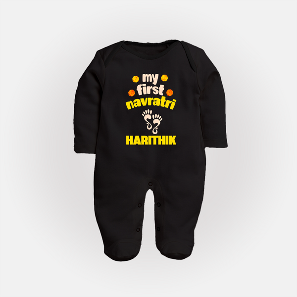 My First Navratri Footprint Personalized Full Body Suit - BLACK - New Born (Chest 7.5")