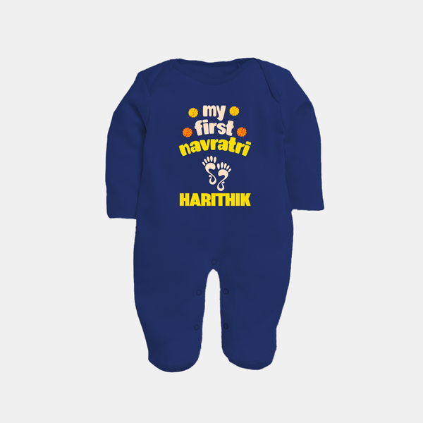 My First Navratri Footprint Personalized Full Body Suit - NAVY BLUE - New Born (Chest 7.5")