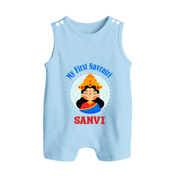 My First Navratri Devi Face Personalized Button Romper - BABY BLUE - New Born (Chest 18")