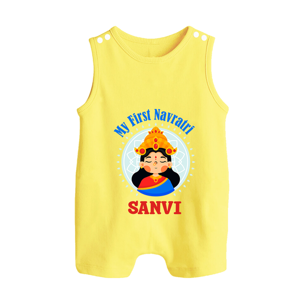 My First Navratri Devi Face Personalized Button Romper - PASTEL YELLOW - New Born (Chest 18")