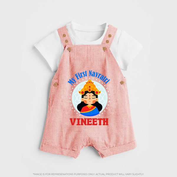 My First Navratri Dungaree set | Personalized Baby Dungaree set for Little One - PEACH - 0 - 5 Months Old (Chest 18")