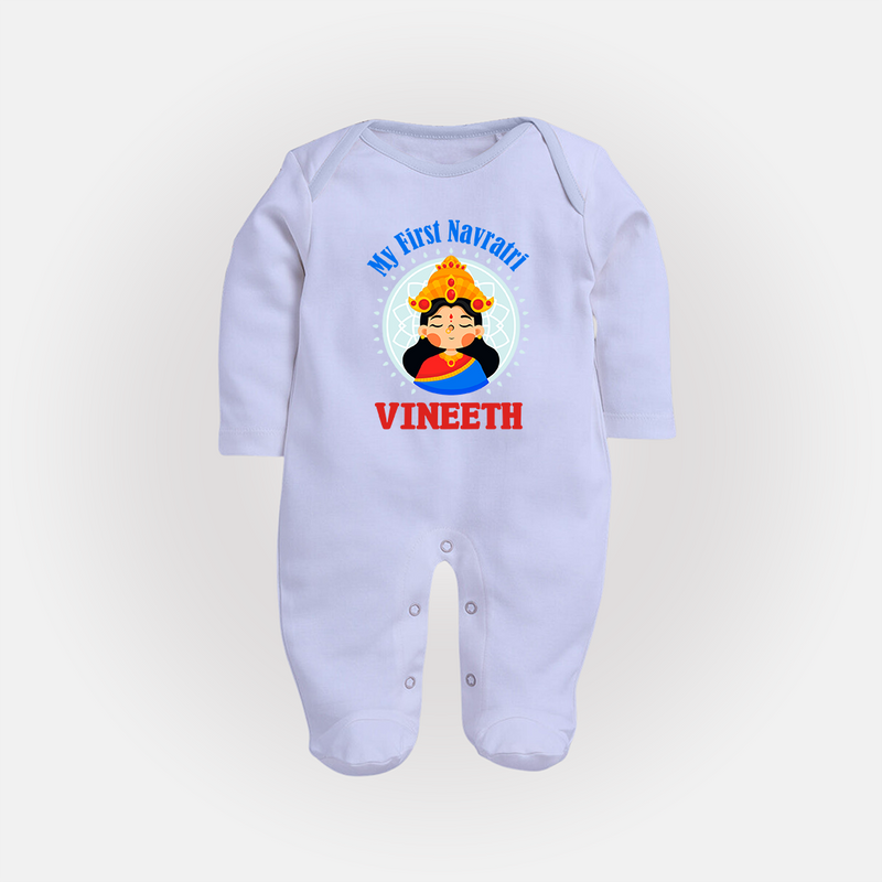 My First Navratri Sleep suit/full sleeve body suit | Personalized Baby Sleep suit/full sleeve body suit for Little One - BABY BLUE - New Born (Chest 7.5")