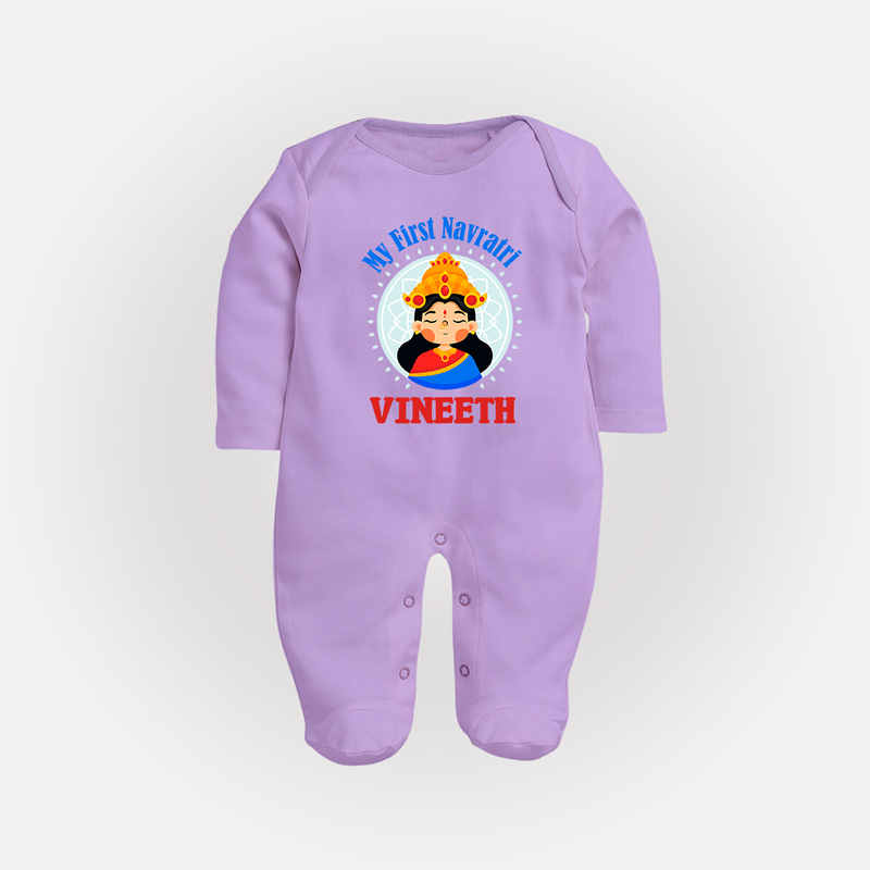 My First Navratri Sleep suit/full sleeve body suit | Personalized Baby Sleep suit/full sleeve body suit for Little One - LILAC - New Born (Chest 7.5")