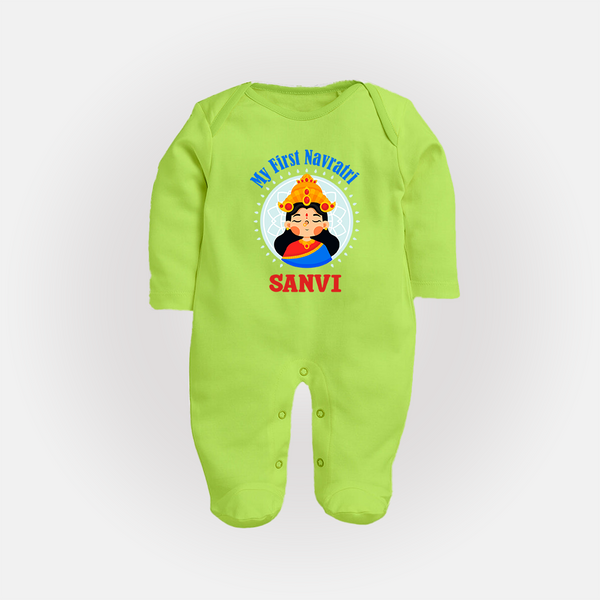 My First Navratri Devi Face Personalized Full Body Suit - LIME GREEN - New Born (Chest 7.5")