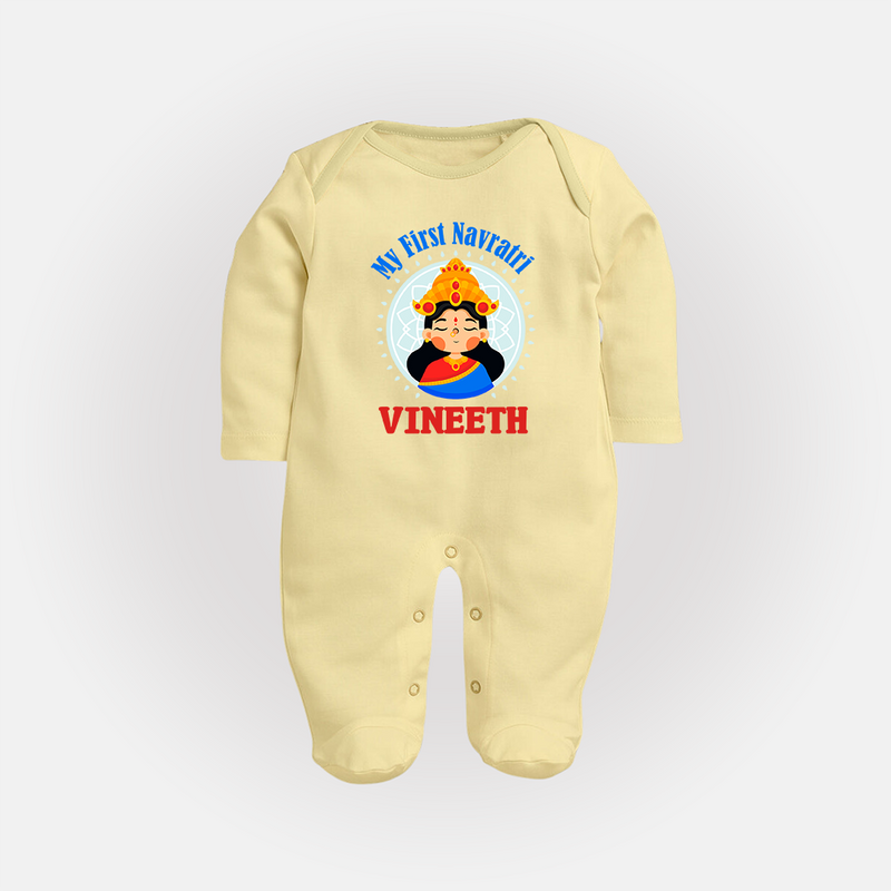 My First Navratri Sleep suit/full sleeve body suit | Personalized Baby Sleep suit/full sleeve body suit for Little One - PASTEL YELLOW - New Born (Chest 7.5")