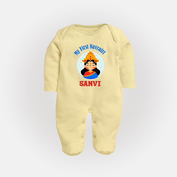 My First Navratri Devi Face Personalized Full Body Suit - PASTEL YELLOW - New Born (Chest 7.5")