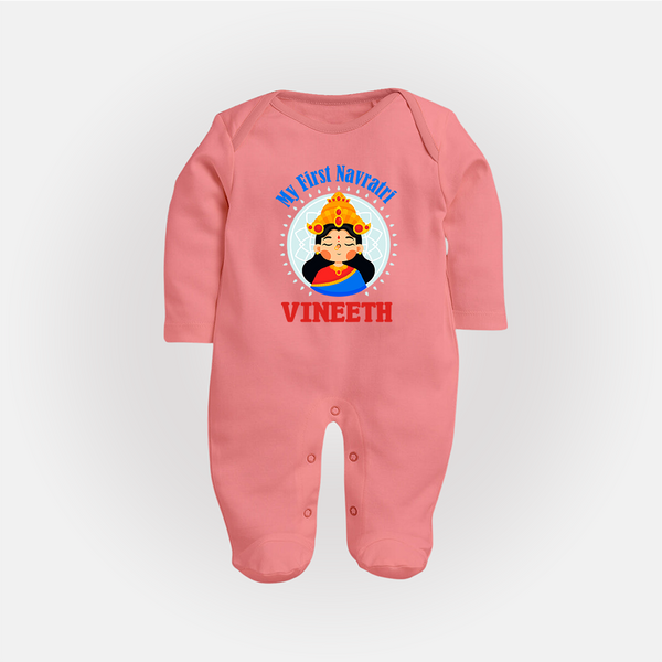 My First Navratri Sleep suit/full sleeve body suit | Personalized Baby Sleep suit/full sleeve body suit for Little One - PEACH - New Born (Chest 7.5")