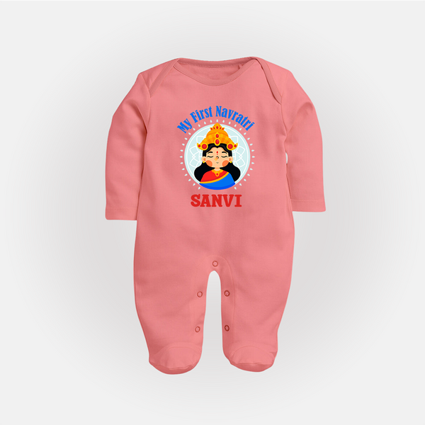 My First Navratri Devi Face Personalized Full Body Suit - PEACH - New Born (Chest 7.5")